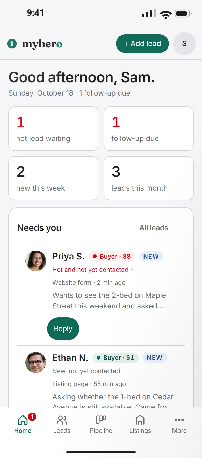 The MyHero app on a phone. Its home screen lists the lead that needs an answer, Priya S., a hot buyer, with a Reply button. An example with made-up names.